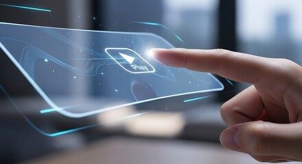 Finger Tapping a Glowing Play/Pause Button on a Transparent Digital Interface