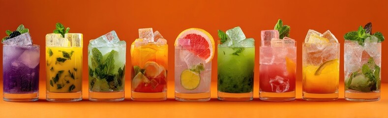 Colorful cocktails in glass tumblers, garnished with fresh mint and fruit slices, on an orange background