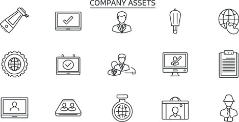Vector art of company assets icon set representing business, finance, management, and investment in a simple and modern line art style for web and graphic design