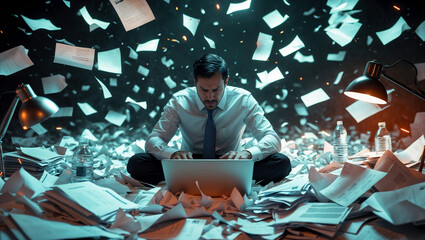 A hardworking man stands amid hundreds of documents swirling dramatically in mid-air, creating a surreal, intense dark scene that vividly captures anxiety, overwhelming pressure, information overload.