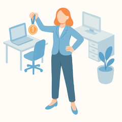 Flat Style Faceless Businesswoman Holding Gold Medal Achievement Illustration