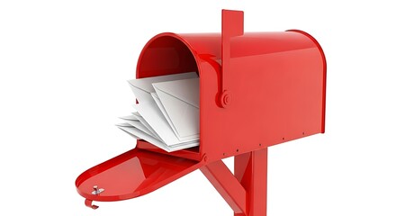 Bright Red Mailbox Overflowing with Letters Isolated on White Background a Symbol of Communication and Correspondence
