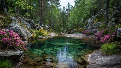 Fototapeta premium Azure lake reflects the lush forest in a tranquil and idyllic scenery