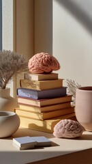 Creative arrangement of psychology books with brain-shaped sculpture depicting stress and knowledge