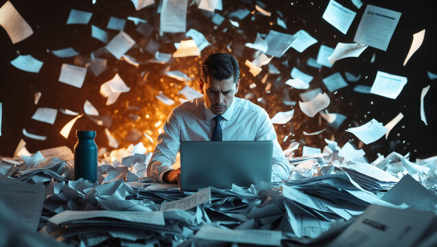 A stressed businessman sits on a pile of crumpled papers, working on a laptop as documents swirl around him like a storm. Cinematic lighting highlights his anxiety and chaotic surroundings.