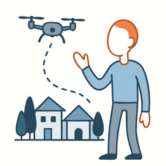 Simple Line Style Man Operating Drone Over Houses Illustration