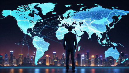 A man stands on stage before a glowing neon world map seeking an overview of global business, innovation, passion, and logistics. The high-tech presentation highlight connectivity and worldwide impact
