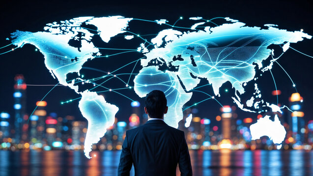 A businessman stands behind glowing neon world map, symbolizing global business, logistics, innovation technology across borders highlights worldwide connectivity and international collaboration.