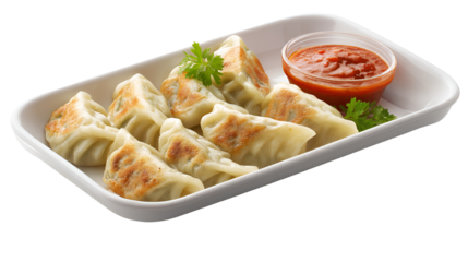 Nepalese Traditional Dish Momo. Authentic Cuisine in Nepal momo over a rustic wooden background.
Steam-cooked momos with sauce.