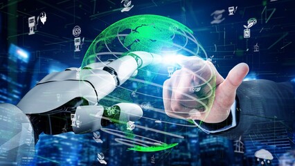 A human hand and a robotic arm interact in a digital landscape, symbolizing the integration of technology, connectivity, and innovation in a vibrant city setting. Xenic