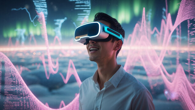 A man immersed in a vibrant VR experience surrounded by neon data trails and colorful virtual visuals, representing futuristic technology, digital exploration, and interactive innovation.