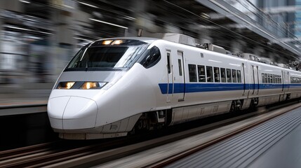 Fototapeta premium A high-speed train zoos by, featuring a sleek white and blue design with vibrant lights illuminating the busy urban area at night