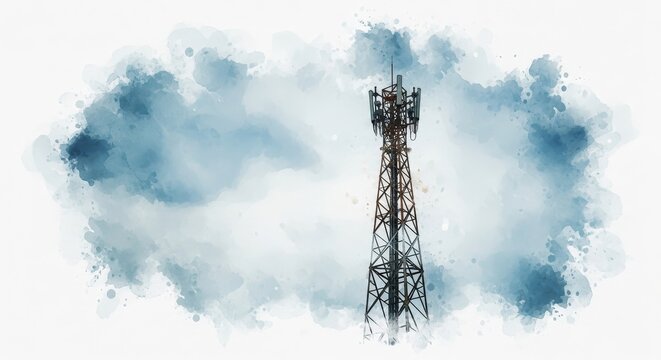 Cell Tower Silhouette Against Cloudy Sky - A solitary cell tower stands tall against a backdrop of a cloudy sky, symbolizing connection, communication, technology, infrastructure, and progress
