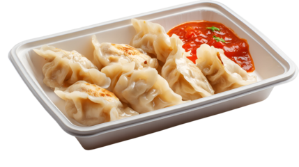 Nepalese Traditional Dish Momo. Authentic Cuisine in Nepal momo over a rustic wooden background.
Steam-cooked momos with sauce.