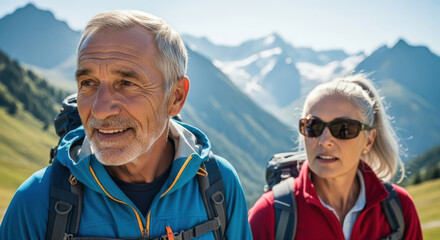 A senior couple on a hiking trip enjoying the beauty of the mountains