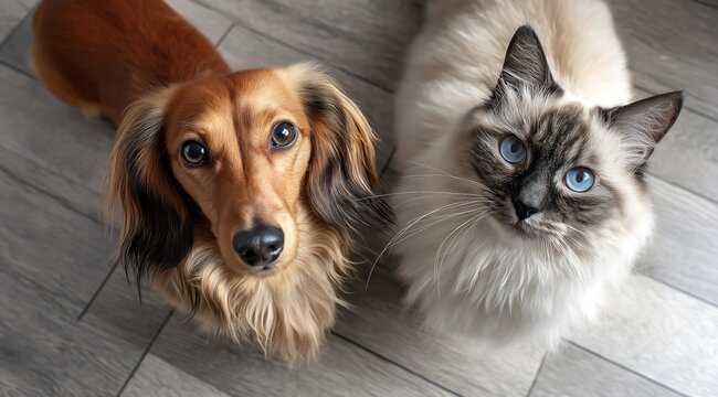 Un chien de race teckel &agrave; poils longs et un chat siamois assis sur le sol, vue de dessus, gros plan des deux animaux de compagnie attendant nourriture ou caresses.