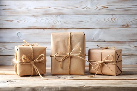 Three brown paper packages tied up with string on a wooden surface
