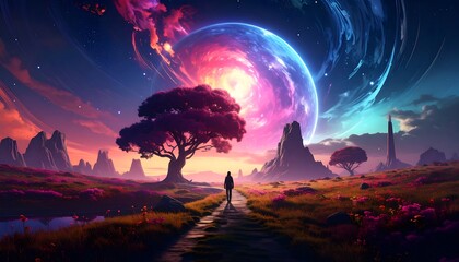 A solitary figure walks a path through a vibrant, otherworldly landscape