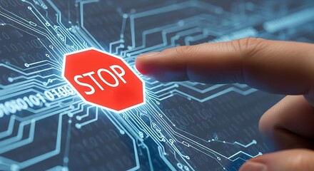 Finger Touching a "Stop" Sign on a Digital Security Interface
