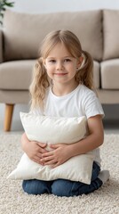 Fototapeta premium Little girl in white T-shirt and blue shorts is joyfully holding a pink pillow while sitting on the carpet surrounded by warm decor