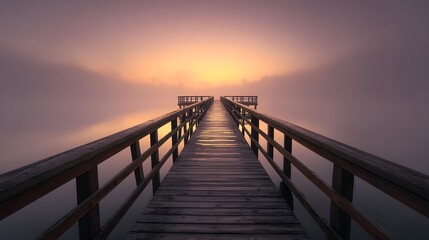 Obraz premium Wooden Pier Leading to Horizon with Misty Background, for Escapism Concept