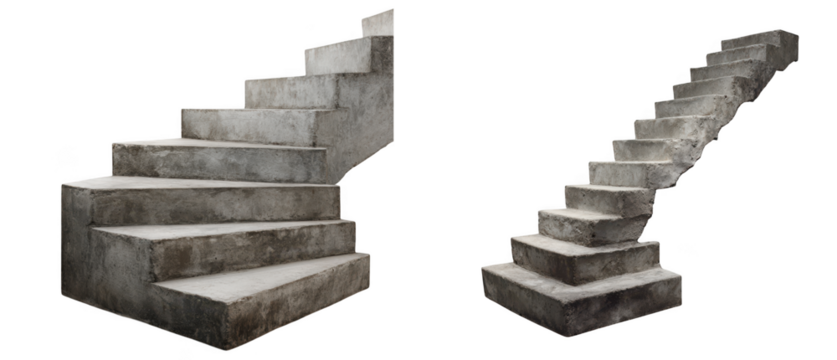 Two concrete staircases shown from different angles, isolated on a transparent background