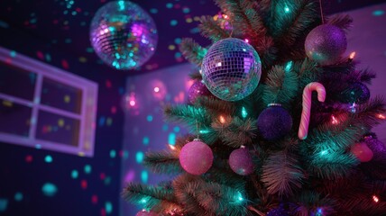 Neon-themed christmas tree with candy decorations and festive disco balls for holiday celebration