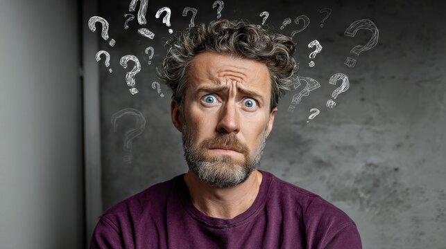 A man with a beard and a purple shirt is staring at a wall with many questions written on it. The man is confused or overwhelmed by the questions