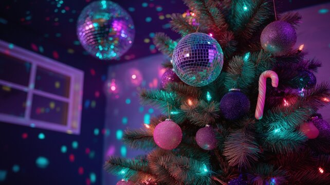 Neon-themed christmas tree with candy decorations and festive disco balls for holiday celebration
