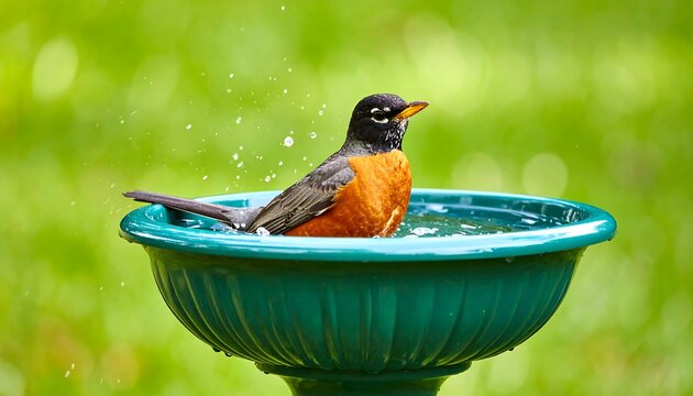 Bird bathing in a garden birdbath
