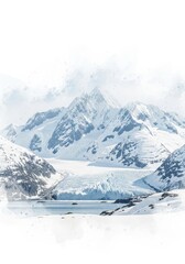 Majestic Glacier Peaks - Serene winter landscape, snow-capped mountains, glacier, tranquil lake. Symbolizing peace, nature's beauty, cold climate, wilderness, and untouched serenity