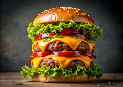 Indulge in a mouthwatering, gourmet double cheeseburger stacked high with fresh lettuce, ripe tomatoes, and melted cheddar cheese on a toasted sesame seed bun. - Powered by Adobe