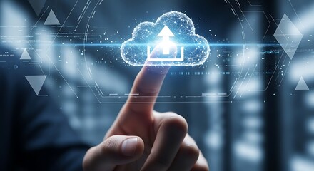 Finger Tapping a Glowing Cloud Computing Icon on a Digital interface