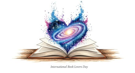 Open Book Galaxy Heart - A cosmic heart-shaped galaxy emerges from an open book, symbolizing the boundless worlds found within literature