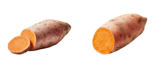 Two sweet potatoes, one whole and one cut into slices, isolated on transparent background