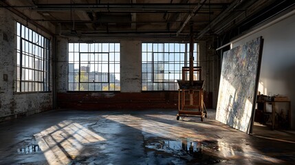 Artist's canvas and easel in a loft with city background for creative workspace