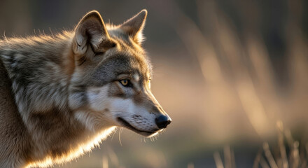 Fototapeta premium A portrait of a majestic wolf in its natural habitat, bathed in golden sunlight