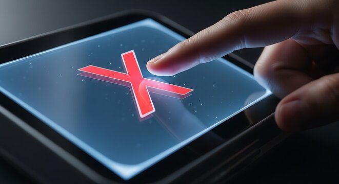 Finger Touching Red X Icon on Digital Screen

