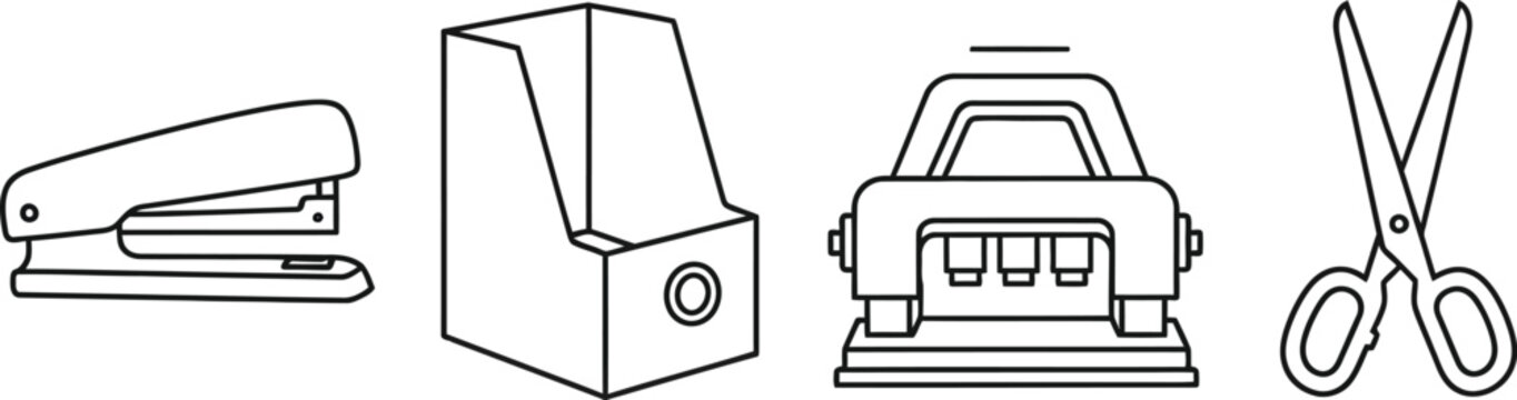 Black outline vectore illustration of office supplies icons 