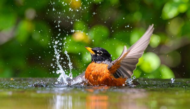 Bird bathing in water