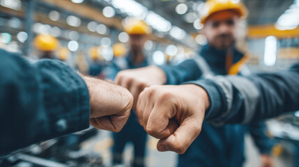 Image captures spirit of camaraderie, teamwork on factory floor. Fist bump is a powerful symbol of unity, mutual respect, and shared success among colleagues in a professional industrial environment