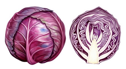 Fototapeta premium Red Cabbage: Whole and Halved - Vibrant red cabbage, showcasing its rich color and intricate layers. Symbolizing health, nutrition, freshness, harvest, and culinary versatility