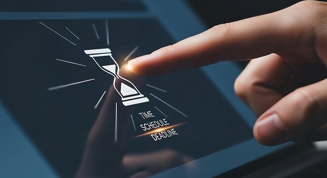  Finger Touching a Glowing Hourglass Icon on a Digital Screen