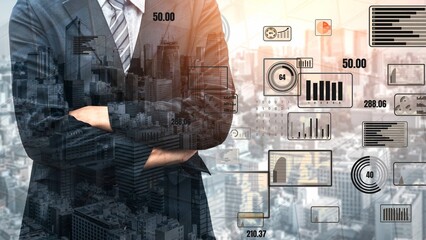 A confident business professional stands with arms crossed, surrounded by dynamic visual data and a...