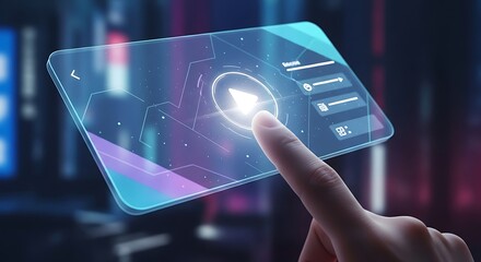 Finger Tapping a Glowing Play Button on a Digital Video Interface