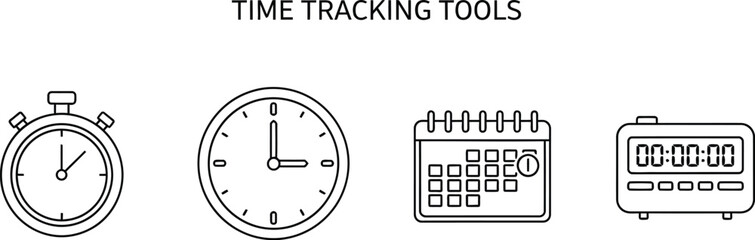 Vector art of time tracking tools concept with stopwatch, clock, calendar, and timer icons vector illustration in outline drawing style