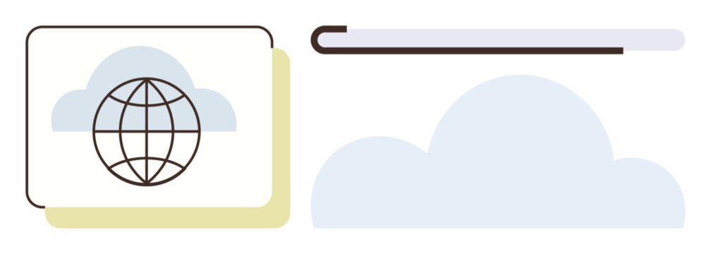 Globe enclosed in a rectangle symbolizing worldwide access, overlaying simple cloud graphic. Ideal for technology, networking, innovation, global reach, internet, data storage cloud computing. Clear