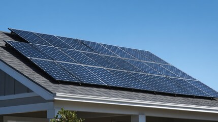 Fototapeta premium Solar panels are mounted on a sloped residential roof, harnessing sunlight for energy. The installation showcases sustainable living in a suburban setting under a bright sky.