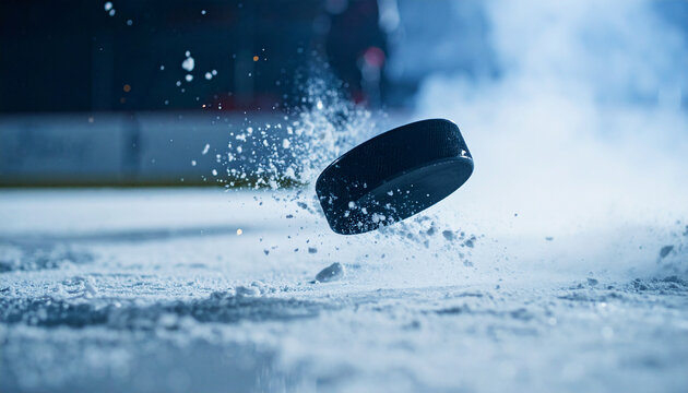 Action shot of flying hockey puck on ice, intense energy, movement. For game promos and sports ads
