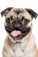 Obraz premium Playful Pug Portrait: This endearing pug, with its characteristic wrinkled face and expressive eyes, sits in front of a bright light, offering a candid snapshot of canine joy and contentment. 